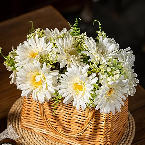 TOPIA Fake Flowers Artificial Gerbera Daisies Bouquet Silk White 10 Stems Match with Wild Flowerets