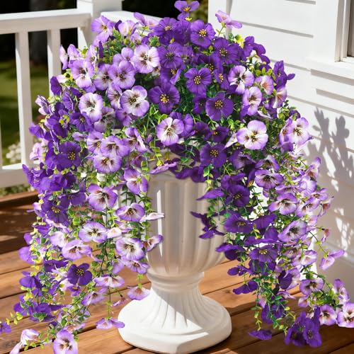 Fake Artificial Flowers for Outdoors, 4 Pcs Faux Hanging Pansy Flowers Spring Summer Decor, UV Resistant Fake Plants Silk Flower for Planter Front Door Porch Patio Yard Garden(Gradient Double Purple) - color: Double Purple