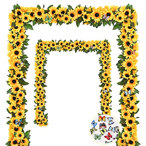 8 Pack Artificial Sunflower Garland Decor, Sunflower Vines Hanging Flowers Garland with Green Leaves, Fake Yellow Floral Vines Room Wedding Party Decoration - color: Yellow, size: 8 Pc