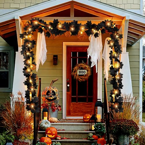 Black Leaf Garland with Yellow Lights, 2 Pack Halloween Artificial Hanging Fall Leave Vines with 20 LED, Fall Floral Garlands Thanksgiving Decor for Home Wedding Party (11.8FT) - color: 2 Black With 2 Yellow Lights