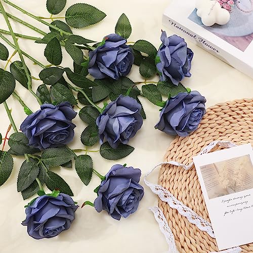 Tifuly Dusty Blue Roses Artificial Flowers - 12 Pcs Long Stem Silk Roses, Realistic Fake Roses with Stem for Bridal Bouquets, Home and Office Decor - color: Dusty Blue