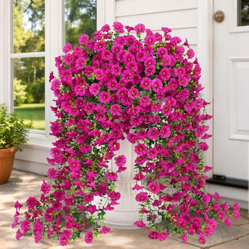 Artificial Hanging Flowers for Outdoors, Fake Hanging Flowers for Decoration, UV Resistant Artificial Outdoor Plants, 2 Pcs Morning Glory for Outdoors Garden Patio Porch Yard Decoration, Fuchsia - color: Fuchsia, size: 2 Pack