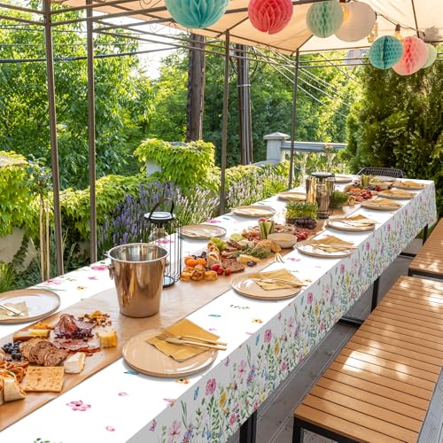 4.5x100 Feet Roll of Spring Floral Plastic Tablecloth,Pink Purple Blue Flower Butterfly Disposable Table Cover Summer Spring Photography Backdrop for Holiday Weeding Birthday Tea Party Decorations - size: 1181" x 54" (Rectangular)
