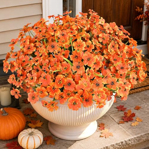 AmyHomie 20 Bundles Artificial Fall Flowers for Outdoor Outside Fall Decoration UV Resistant Faux Mums No Fade Fake Plastic Plants Garden Porch Window Box Decorating(Fall Orange) - color: Pure Fall Orange, size: 20