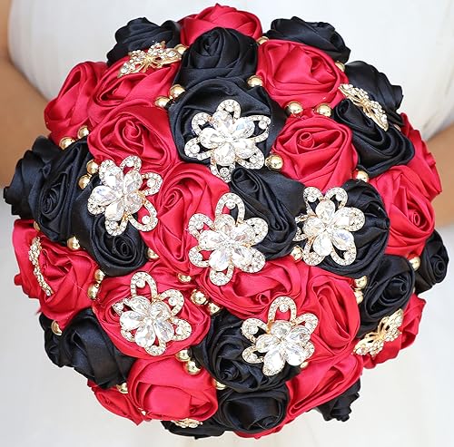Sharebeauty 8.3" Handmade Satin Rose Bridal Bouquet Toss Round Wedding Bouquet Throw Toss Artificial Flower Bunch Ruby Red + Black - color: 809a Ruby Red/Black, size: 8.3"/21cm