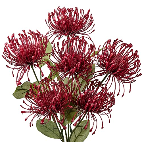Hollyone 33" Red Artificial Mums Flowers Faux Chrysanthemum Flowers 2Pcs Spider Mum Flower Arrangement Spring Summer Pincushion Flower with 3 Heads Long Stem for Centerpiece Bouquet Home Decor - color: Wine Red