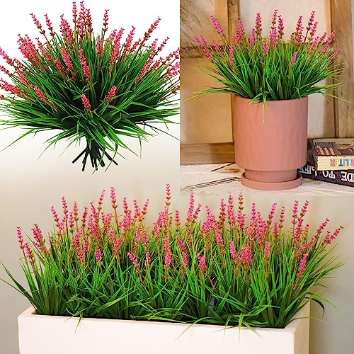 alyptus 12 Bundles Artificial Plants Outdoor Fake Monkey Grass with Flowers for Pot Garden Verandah Decor (Pink Flowers) - color: Pink