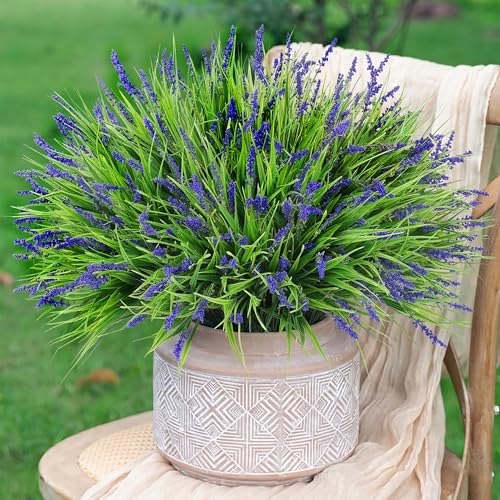 Artificial Fake Outdoor Plants Flowers for Decoration,10 Bundles 16.5" UV Resistant Plastic Tall Realistic Faux Monkey Grass Greenery Stems for Home Outside Planter Window Porch Patio Garden-Purple - color: Purple