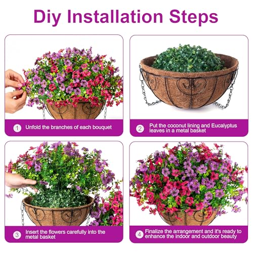 HyeFlora 2 Set Artificial Outdoor Flowers Hanging Basket, Faux Hanging Plants for Outside Spring Decoration, Fake Silk UV Resistant Look Real Daisy for Porch Patio Home Decor - color: Purple&rose Red