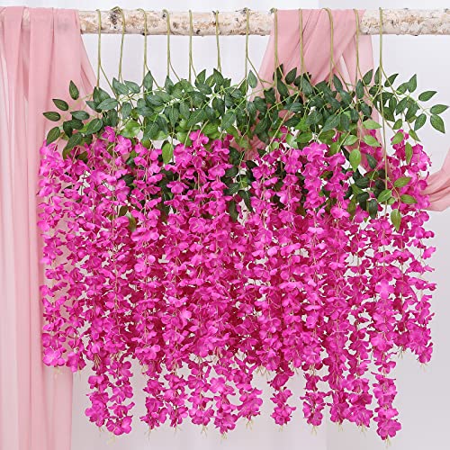 Duovlo 12 Piece Artificial Silk Wisteria Vine 3.6 Feet Ratta Hanging Flower Garland String Home Party Wedding Decor (New Rose Red) - color: Dark Rose Red