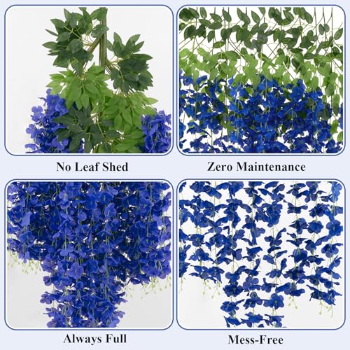 U'Artlines 24 Pack (Total 86.4 Feet) Artificial Fake Wisteria Vine Rattan Hanging Garland Silk Flowers String Home Party Wedding Decor (24, Navy Blue) - color: Navy Blue