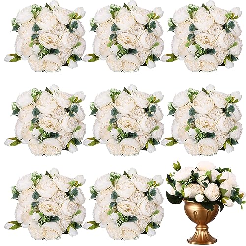 Hoteam 24 Bundles Artificial Peonies Flowers Wedding Faux Flowers Silk Peony Bouquet Bulk Bride Fake Florals Arrangements for Table Centerpieces Wedding Party Vase Decor (White) - color: White
