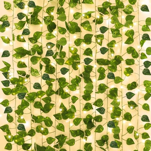 CEWOR 14 Pack 98ft Fake Ivy Vines, Artificial Ivy Garland with 100 LED String Lights, Hanging Plants Greenery Backdrop Green Leaves for Bedroom Room Wall Decor Wedding Party Table Decoration - size: E-14pcs of Vines with 100 LED lights