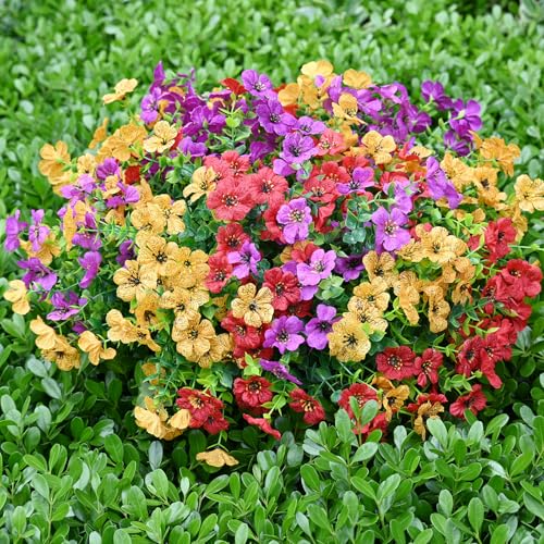 LADADA 12 Bundles UV Resistant Artificial Flowers Outdoor, Fake Daisy Faux Plants with Eucalyptus for Outside Planter Yard Home Patio Garden Decoration, Multicolor - color: Red Yellow Purple