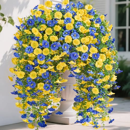 Serwalin Artificial Hanging Flowers for Outdoors Faux Plants, 4PCS Faux Morning Glory Fake Outdoor Flowers UV Resistant Realistic Silk Flower for Outside Planter Front Door Porch Patio Yard Decor - color: Yellow& Blue
