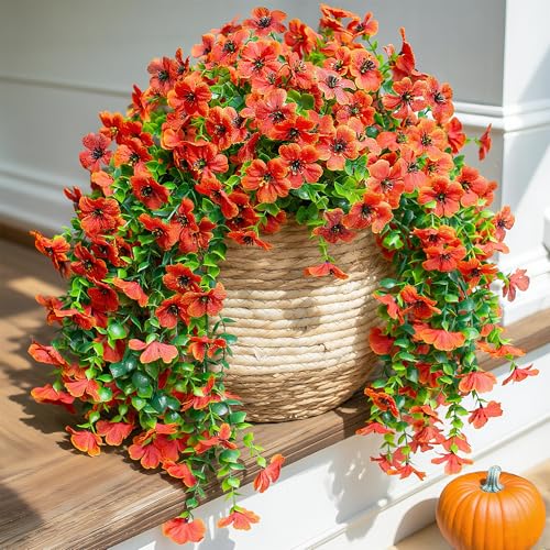 INSPRING Fall Fake Mums Artificial Flowers Hanging Decoration for Outdoors, 2Pcs Orange Daisy with Autumn Eucalyptus Leaves, Realistic Plants Decor, Silk Flower for Porch Patio Balcony Planter Yard - color: Orange