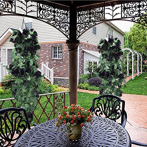RECUTMS Artificial Black Rose Hanging Flowers Plants, 2PCS 37 Inches Fake Floral Halloween Garlands for Home Front Porch Garden Wedding Backdrop Wall Hanging Victorian Indoor Outdoor Party Decor - color: Black, size: 2 pcs