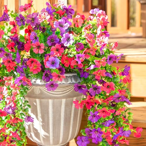 HyeFlora Artificial Flowers for Outdoors Decoration, 2Pcs Fake Hanging Spring Summer Decor, Purple and Hotpink Realistic Plants, UV & Fading Resistant Silk Flower for Porch Patio Balcony Planter Yard - color: Darkpurple+hotpink