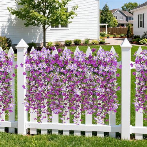 Artificial Fake Flowers Plants for Outdoor Spring Summer Decoration,2 PCS Faux Silk Morning Glory with Eucalyptus Leaves,UV Resistant Realistic Outdoor Flowers for Balcony Porch Patio Yard Garden - color: Orchid Deep Orchid