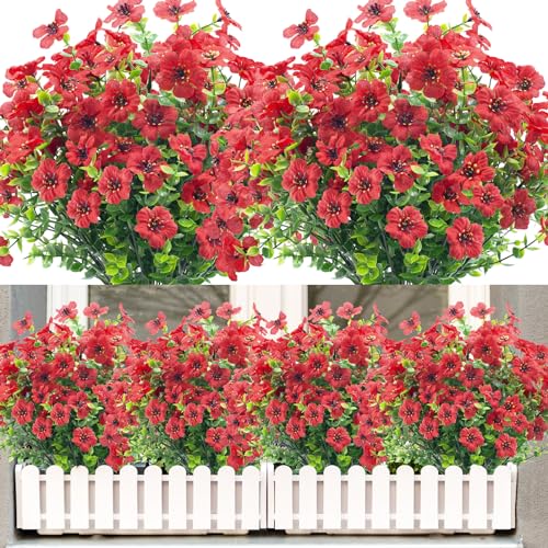 8 Bundles Fake Flowers Outdoor,Artificial Outdoor Flowers Faux Plastic Plants UV Resistant Flower for Outside Indoor Decorations(Red) - color: Red, size: 8 Bundles