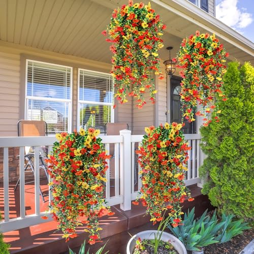 6 Pcs Fall Artificial Hanging Flowers Outdoor Faux Silk Mum Plant Decor Violet with Eucalyptus Realistic UV Resistant Trailing Vine Autumn Thanksgiving Porch Yard(Warm Color, Violet) - color: Bright Color, style: Violet