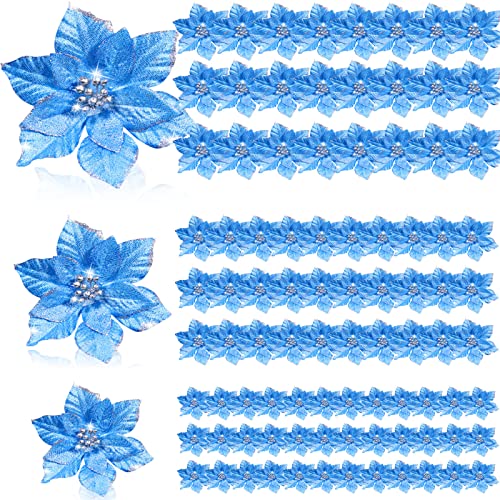 Geosar 100 Pcs 3 Size Christmas Poinsettia Flowers with Clips Glitter Artificial Flowers Small Christmas Tree Ornaments Faux for Xmas Party DIY Craft Wreath Garland New Year, 3/4/6 Inches(Blue) - color: Blue