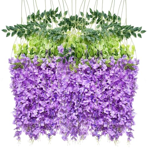 Artificial Wisteria Hanging Flowers Fake Wisteria Flower Garland Silk Vines Rattan Decor for Home Wedding Arch Wall Garden Greenery Bedroom Outdoor Office Party Decoration (36, Light Purple) - color: Light Purple