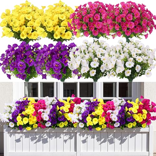 CEWOR Artificial Flowers for Outdoor Indoor, Fake Silk Morning Glory with Eucalyptus Leaves, Faux Flower for Garden Front Door Porch Planter Patio Home Decor (24 Bundles, Fuchsia Yellow White Purple) - color: 4 Color Morning Glory