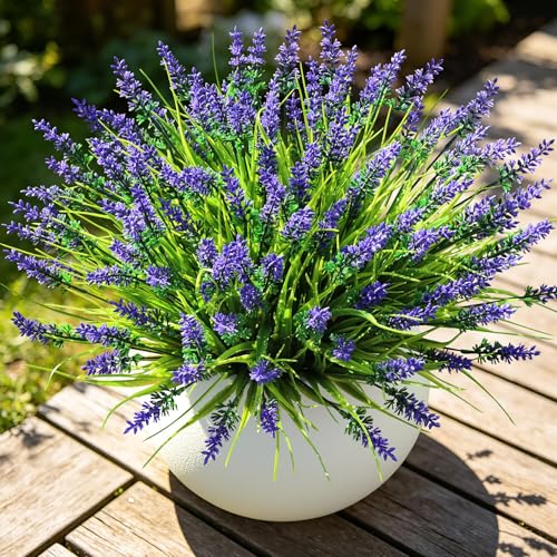 AmyHomie Artificial Plants & Flowers for Outdoors – 16 Bundles Fake Lavender Flowers & Monkey Grass, UV Resistant Faux Greenery for Patio, Porch, Planter, Garden and Window Decor - color: Lavender Purple, size: 16