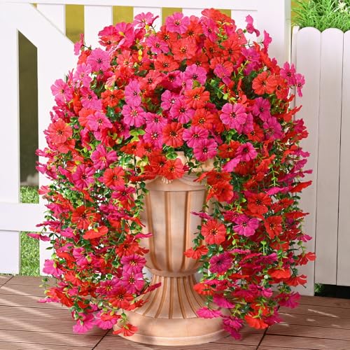 Dolicer 2 Pcs Look Real Artificial Flowers for Outdoors, Realistic Fake Artificial Hanging Flowers for Outdoors UV Resistant Silk Faux Hanging Plants Flowers for Porch Patio Garden(Red+Fuchsia) - color: Red+fuchsia, size: 2 Pcs