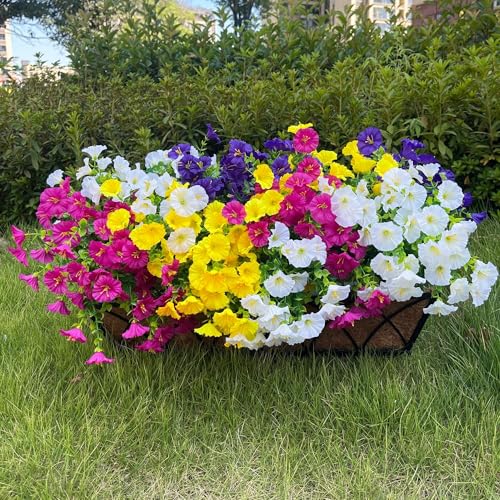 16 Bundles Artificial Flowers for Outdoor Spring Summer Decoration,Realistic Fake Silk Flowers Colorful Morning Glory UV Resistant Faux Plants for Front Door Porch Patio Planter Yard (Multi-Color) - color: Multi-color