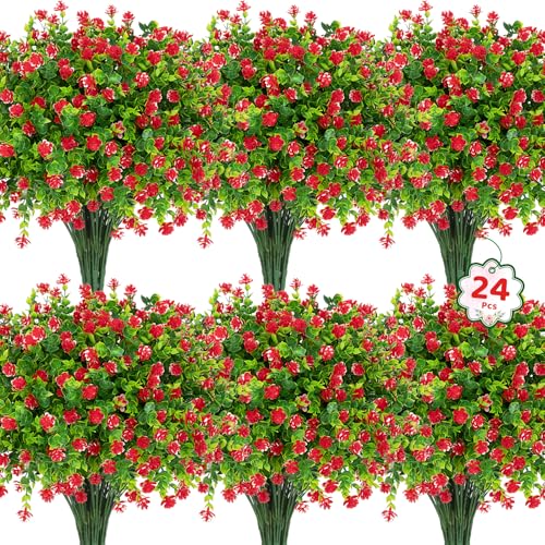 Roberly 24 Bundles Artificial Flowers for Outdoors, UV Resistant Eucalyptus Fake Flowers Shrubs Greenery Plastic Plants for Garden Porch Window Box Farmhouse Indoor Home Decor,Red - color: Red