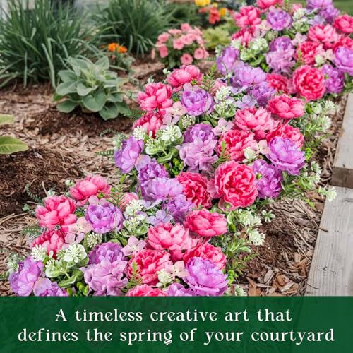 6 Bundles Peonies Artificial Flowers for Outdoors UV Resistant Faux Peony with Hydrangea Fake Flowers Silk Flowers for Outside Front Porch Garden Window Box Planters Decor (Pink, Purple) - color: Pink, Purple