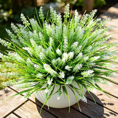 AmyHomie Artificial Plants & Flowers for Outdoors – 16 Bundles White Fake Lavender Flowers & Monkey Grass, UV Resistant Faux Greenery for Patio, Porch, Planter, Garden and Window Decor - color: Lavender White, size: 16