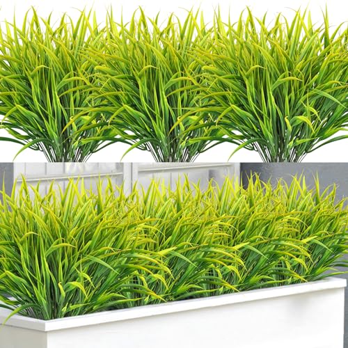 Ouddy Decor 16 Bundles Artificial Plants Outdoor Fake Grass Greenery Stems UV Resistant Faux Plastic Plants Shrubs for Spring Summer Garden Pathway Window Box Farmhouse Front Porch Home Decor, Yellow - color: Yellow