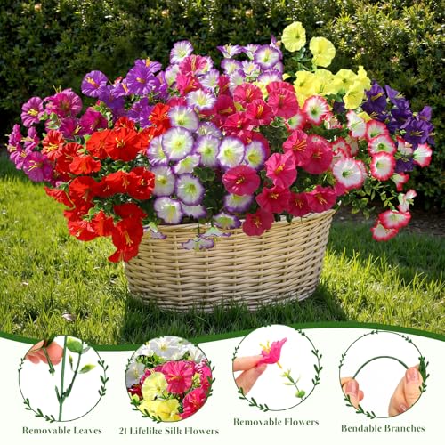 Alupssuc 24 Bundles Artificial Flowers for Outdoors, Faux Spring Flowers for Decoration, UV Resistant Silk Morning Glory with Eucalyptus Realistic Fake Flowers for Yard Planter Porch Garden, 8 Colors - color: Deeppurple, Magenta, Purple, Red, Fuchsia, Yel