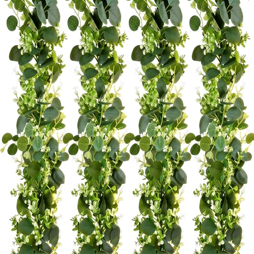 Eucalyptus Garland with White Flowers 4Pack: 5.9Ft Artificial Faux Greenery Vines for Table Runner Wedding Bedroom Mantle Centerpieces Backdrop Decorations - size: 4pack