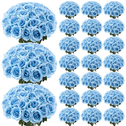 150 Pcs Roses Artificial Flowers, Silk Light Sky Blue Artificial Flowers Petals Long Stem Roses for Wedding Bouquet Home Party Decor - color: Light Sky Blue
