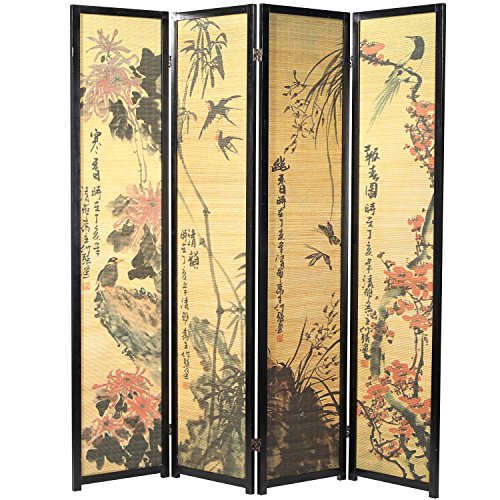 MyGift Decorative 4 Panel Folding Room Divider Bamboo Screen with Chinese Calligraphy Design, 6FT Freestanding Floral Artwork Room Partitioner with Black Wood Frame - color: Black (Floral), size: 4 Panel