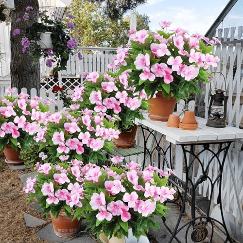CITYES 4 Pcs Artificial Flowers Outdoor Impatiens UV Resistant Silk Impatiens Flowers Pink Faux Flowers Impatiens Bushes Artificial Impatiens for Pot Patio Lawn Garden Hanging Basket Porch Decor - color: Pink