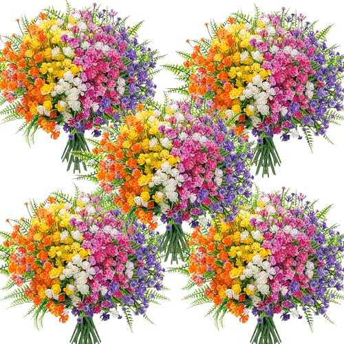 Der Rose 24 Bundles UV Resistant Artificial Flowers for Outdoors Faux Ferns Fake Plastic Flowers for Spring Home Garden Courtyard Patio Front Porch Decor - color: Multi-color C