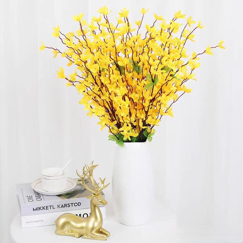 Artificial Silk Forsythia Flower Branches Jasmine Flowers Yellow Silk Fake Winter Jasmine Orchids Flowers for Indoor Outdoor DIY Floral Arrangement Wedding Party Home Office Decorate - color: Yellow-1