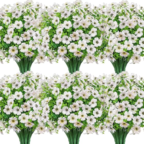 20 Bundles Artificial Flowers for Outdoors Decoration Fake Silk Flowers UV Resistant Faux Plants Artificial Daisy Eucalyptus for Spring Summer Garden Yard Porch Window Home Decor, White - color: White