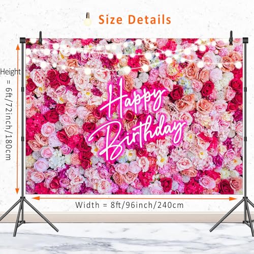 Pink Flower Birthday Backdrop Women Floral Bday Decorations,Neon Pink Happy Birthday Backdrops Banner Red Rose Flowers Photography Background Girls Bday Party Decor Photo Booth Props 8x6ft - size: 8ft(W) x 6ft(H)