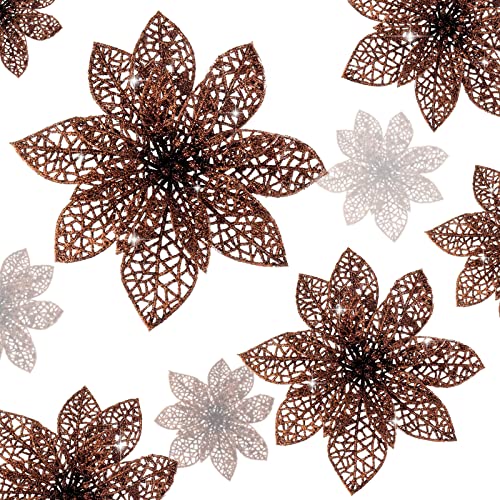 Wironlst 24 Pieces Glitter Poinsettia Flowers Christmas Tree Ornaments, Glitzy Poinsettia Bushes Christmas Decorations for Xmas/Holiday/Seasonal/Wedding (Brown) - color: Brown