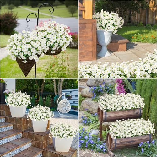 Bassion Artificial Flowers for Outdoors, 20 Bundles Silk Fake Flowers UV Resistant Realistic Morning Glory Faux Eucalyptus Plants for Outside Planters Porch Window Box Garden Indoor Decor - color: White