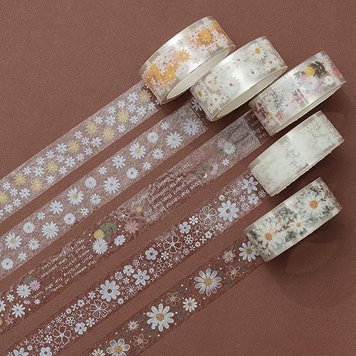 YUBBAEX 5 Rolls Floral Washi Tape Set PET Decorative Flowers Patterns Transparent Masking Tapes for Arts, DIY Crafts, Journals, Planners, Scrapbook, Wrapping (Daisy) - color: Daisy
