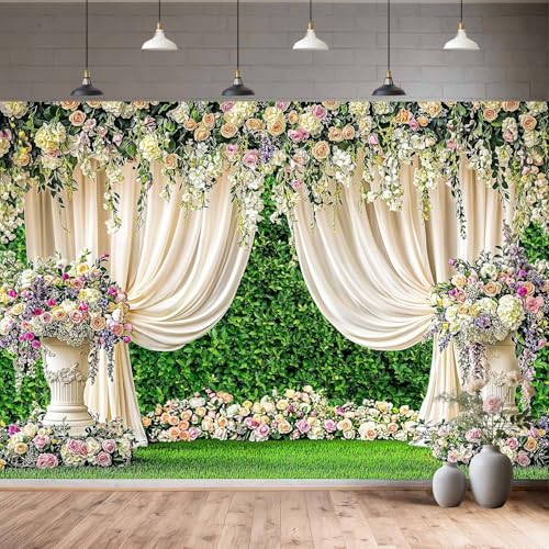 7X5ft Wedding Floral Backdrop Rose Greenery Wall White Curtain Photography Background for Wedding Bridal Shower Engagement Anniversary Party Cake Table Decor Photo Booth Studio Wall Decor Banner - color: Multi6, size: 7X5FT