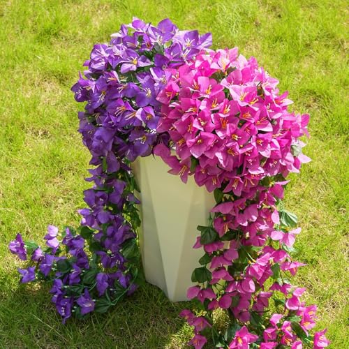 ATTGREAT Artificial Bougainvillea for Outdoors Faux Plants UV Resistant Flowers Fake Plastic Plants Realistic Silk Flowers for Porch Planter Garden Hanging Decoration, 2Pcs (Purple & Purple Red) - color: Purple & Purple Red
