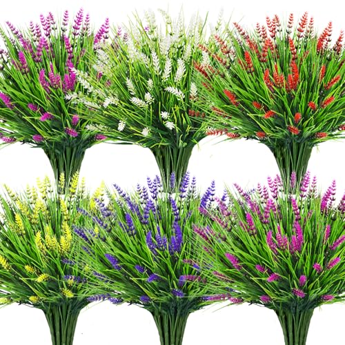 Bassion Artificial Flowers for Outdoors, 24 Bundles Fake Lavender Flowers UV Resistant Mixed Color Plastic Plants Faux Monkey Grass for Home Porch Garden Window Box Indoor Outdoor Decorations - color: Mixed Color